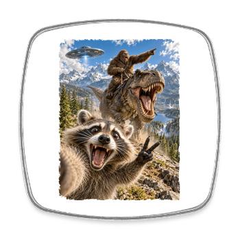 Lustiges Waschbär Selfie mit Bigfoot, T-Rex, UFO - Viereckiger Kühlschrankmagnet - Weiß - Vorne