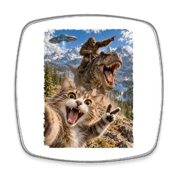 Lustiges Katze Selfie mit Bigfoot, T-Rex, UFO - Viereckiger Kühlschrankmagnet - Weiß - Vorne