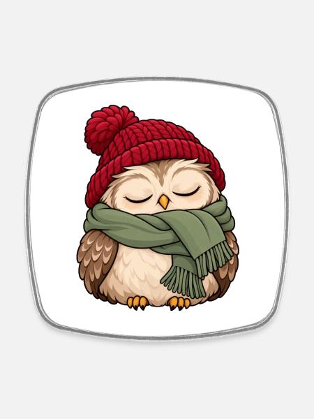 Wintereule im Schal - Viereckiger Kühlschrankmagnet - Weiß