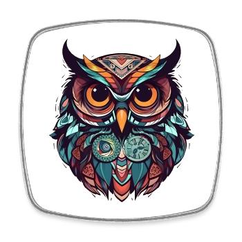Colorful boho owl with colorful feathers, geometric - Square fridge magnet - white - Front