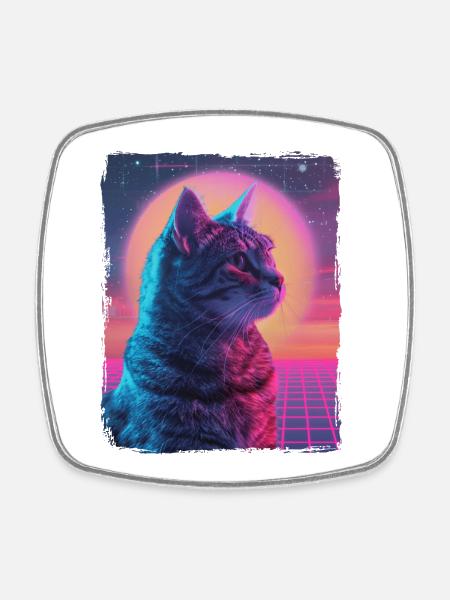 Funny Cute Retro Cat Animal 80s Neon Sun Fat Cat - Square fridge magnet - white