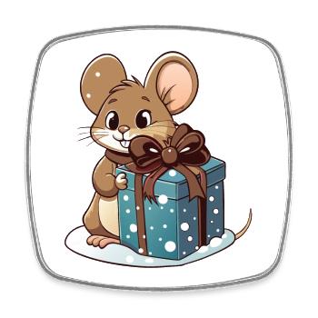 Cute mouse with gift at Christmas - Square fridge magnet - white - Front