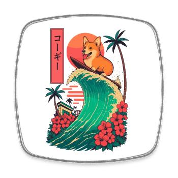Corgi Hund Tier Japanisch Surfen Blume Sonnenuntergang - Viereckiger Kühlschrankmagnet - Weiß - Vorne