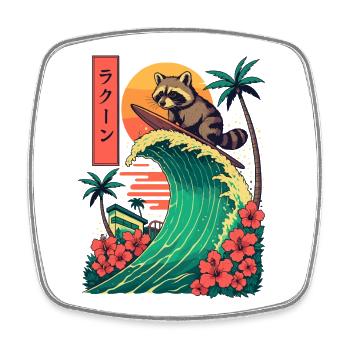 Waschbär Tier Japanisch Surfen Blume Sonnenuntergang - Viereckiger Kühlschrankmagnet - Weiß - Vorne