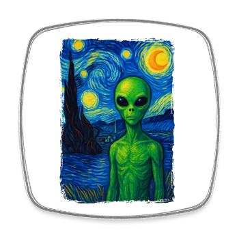 Green Alien UFO Starry Night Van Gogh Painting - Square fridge magnet - white - Front