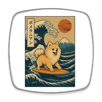 Pomeranian Dog Lover Surfing Great Wave Mount Fuji - Square fridge magnet - white - Front