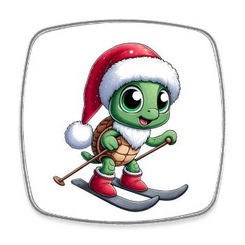 Tortue de Noël Père Noël Skieur Winterspor - Magnet carré - blanc - Devant