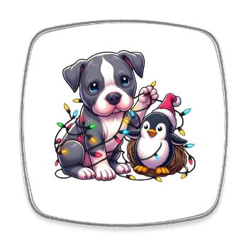 Mignon pitbull maladroit et pingouin Noël - Magnet carré - blanc - Devant