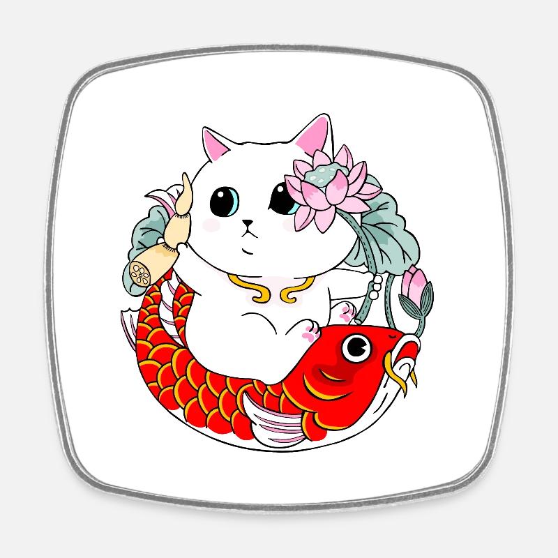 Chat et poisson Koi - Magnet carré - blanc