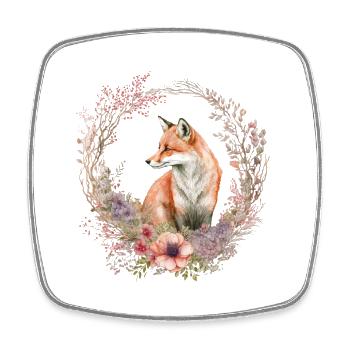 Vintage Fuchs mit Blumenkranz - Viereckiger Kühlschrankmagnet - Weiß - Vorne