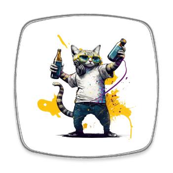 Chat cool avec des écouteurs et de la bière - Magnet carré - blanc - Devant