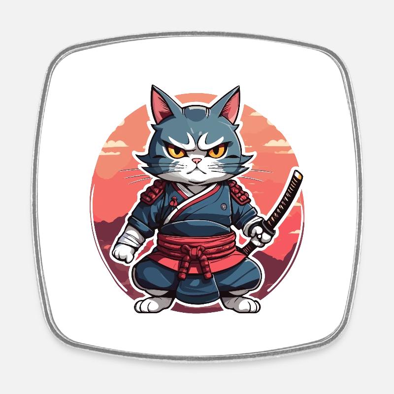 Samurai-Katze #16 - Viereckiger Kühlschrankmagnet - Weiß