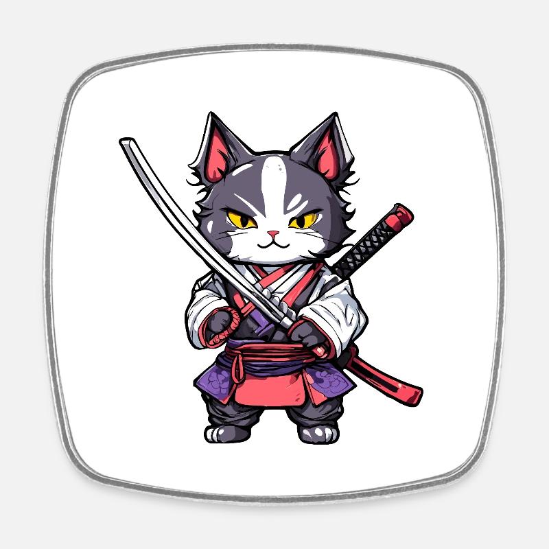 Samurai-Katze #20 - Viereckiger Kühlschrankmagnet - Weiß