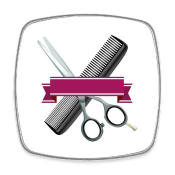 Ciseaux de coiffure avec peigne et ruban violet - Magnet carré - blanc - Devant