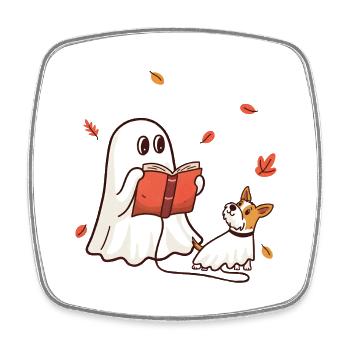Little Halloween ghost reading a book with dog - Square fridge magnet - white - Front