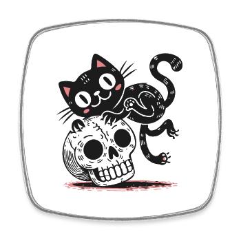 Schwarze Katze und Totenkopf - Viereckiger Kühlschrankmagnet - Weiß - Vorne