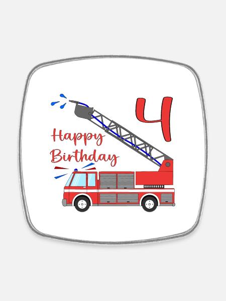 Feuerwehrauto Happy Birthday 4 - Viereckiger Kühlschrankmagnet - Weiß