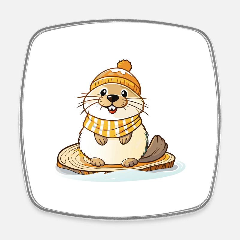 Cute otter with scarf and bobble hat. - Square fridge magnet - white