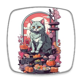 Retro Katze Sushi Sashimi Ukiyo-E Kunststil - Viereckiger Kühlschrankmagnet - Weiß - Vorne