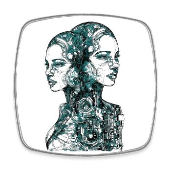 Zwei weibliche futuristische Cyborg - Viereckiger Kühlschrankmagnet - Weiß - Vorne