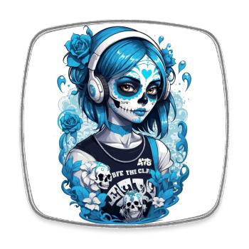 Sugar Skull Girl with Headphones and Blue Roses - Square fridge magnet - white - Front