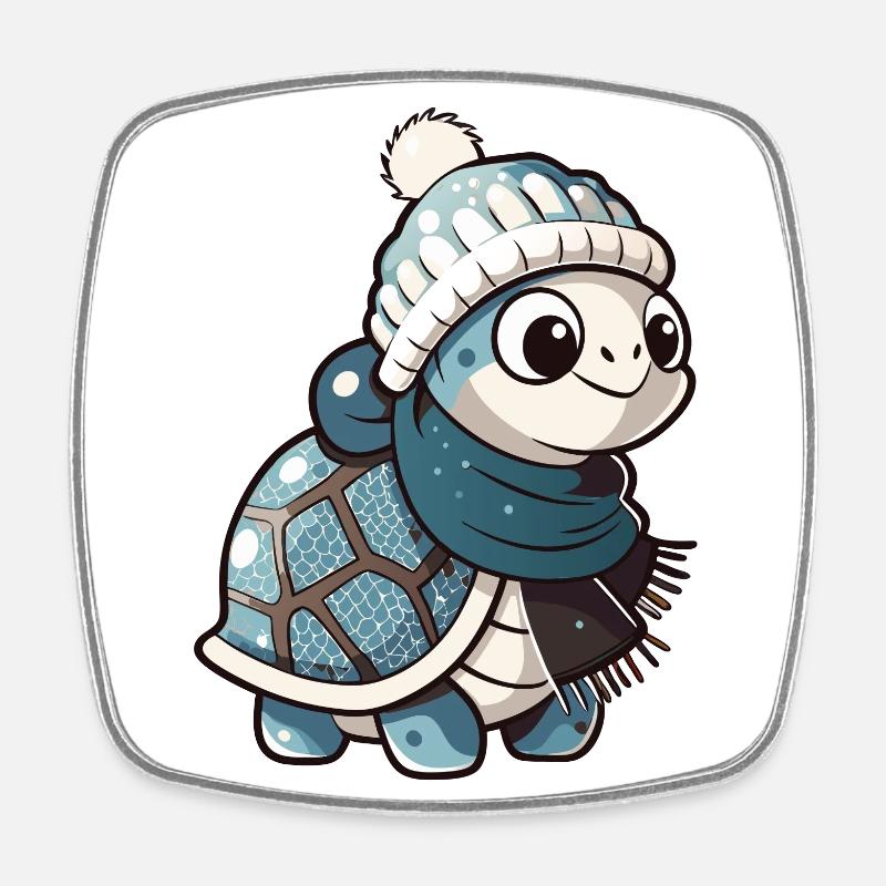 Cute turtle with scarf and bobble hat. - Square fridge magnet - white