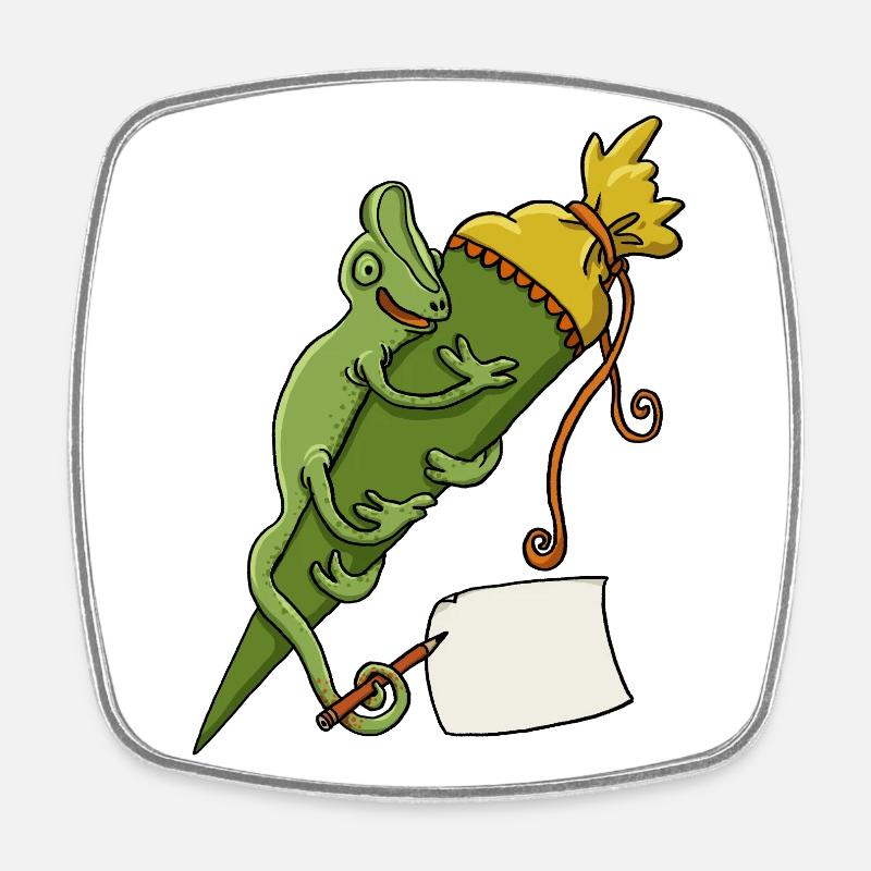 Caméléon avec cône d’école et bout de papier - Magnet carré - blanc