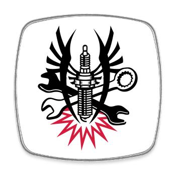 A spark plug with two wrenches - Square fridge magnet - white - Front
