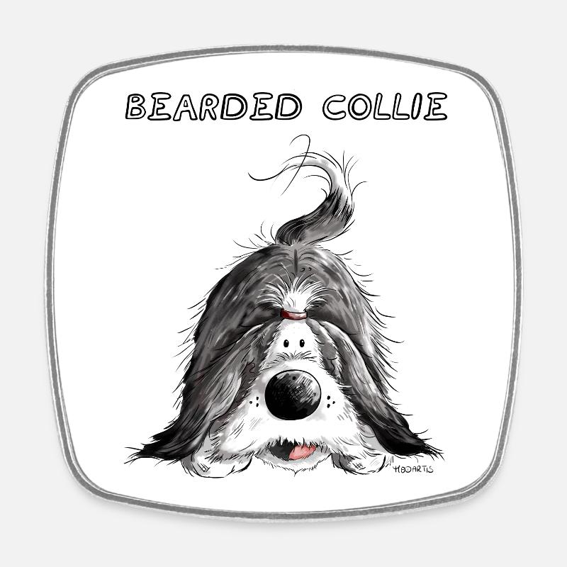 Playing Bearded Collie - Square fridge magnet - white