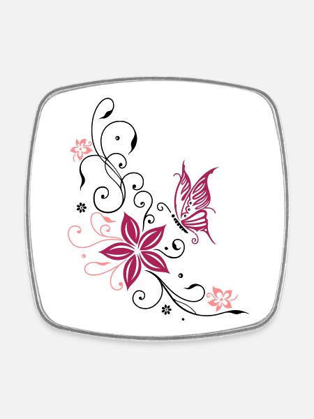 Fleurs avec ornement floral et papillon. - Magnet carré - blanc