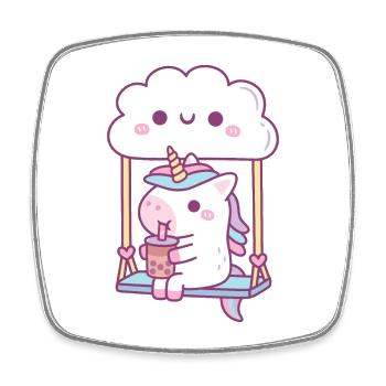 Cute Unicorn Drinking Boba Tea On Cloud Swing - Square fridge magnet - white - Front