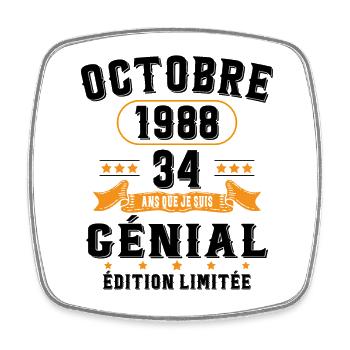 34 Ans Anniversaire Vintage Né(e) en Octobre 1988 - Magnet carré - blanc - Devant