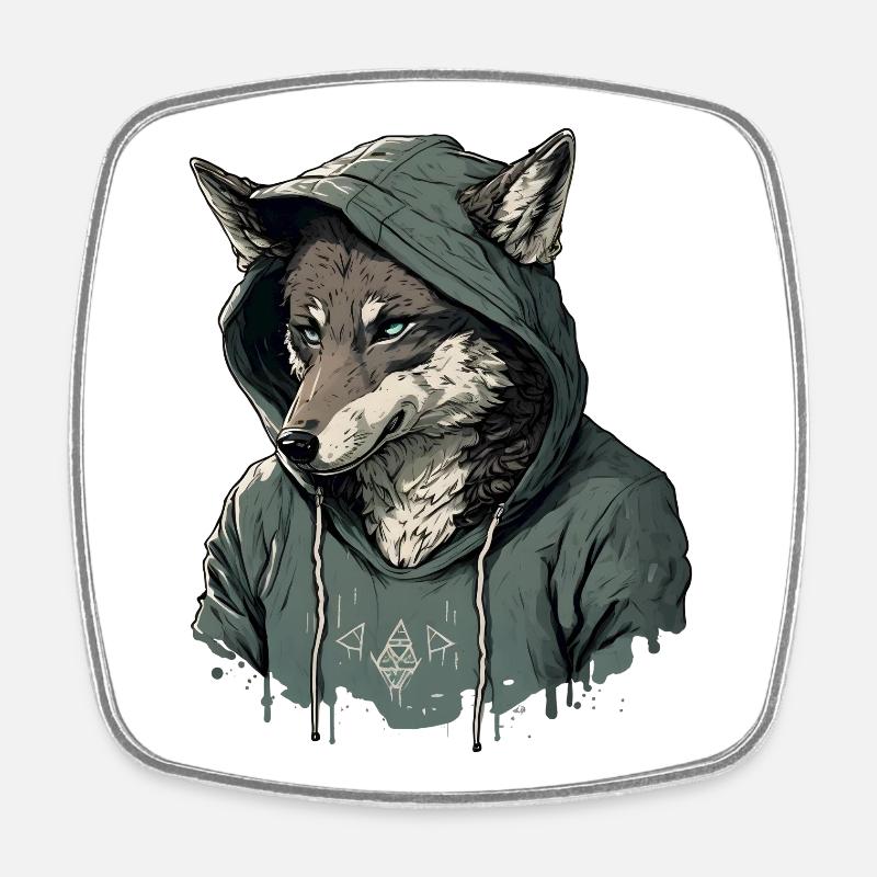 Loup avec sweat à capuche - Magnet carré - blanc