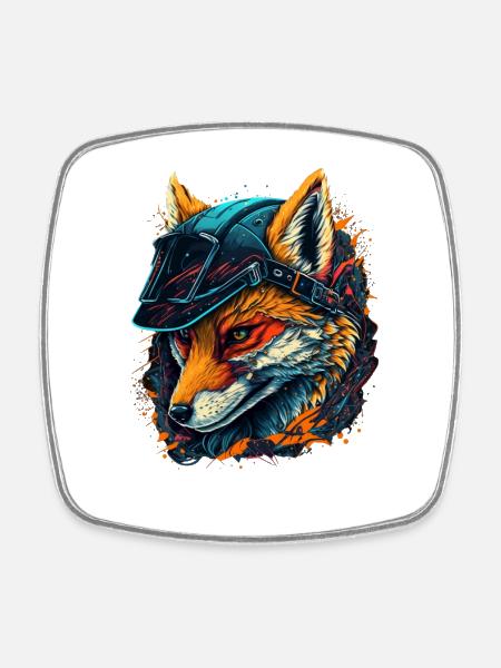 Renard guerrier au casque - Magnet carré - blanc