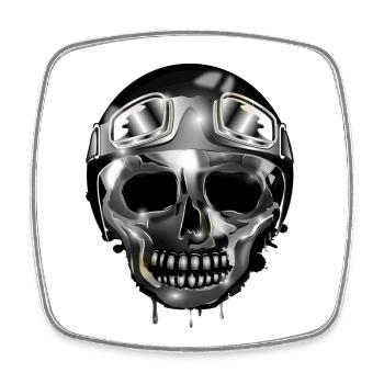 Chrome Skull with Retro Motorcycle Helmet and Goggles - Square fridge magnet - white - Front