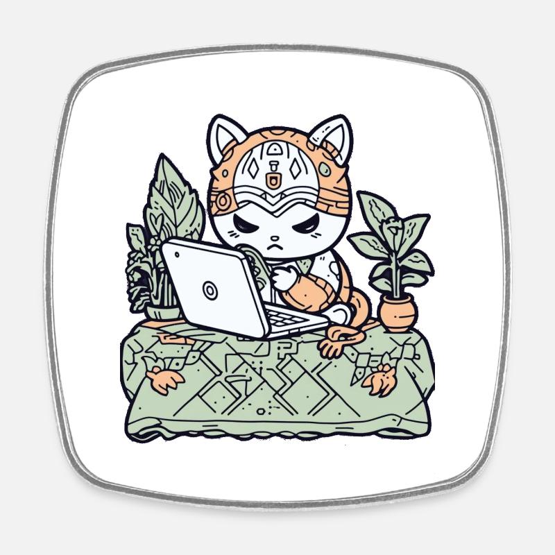 Chat Tech en armure de jardin - Magnet carré - blanc