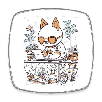 Kawaii Cat at Cozy Desk - Square fridge magnet - white - Front