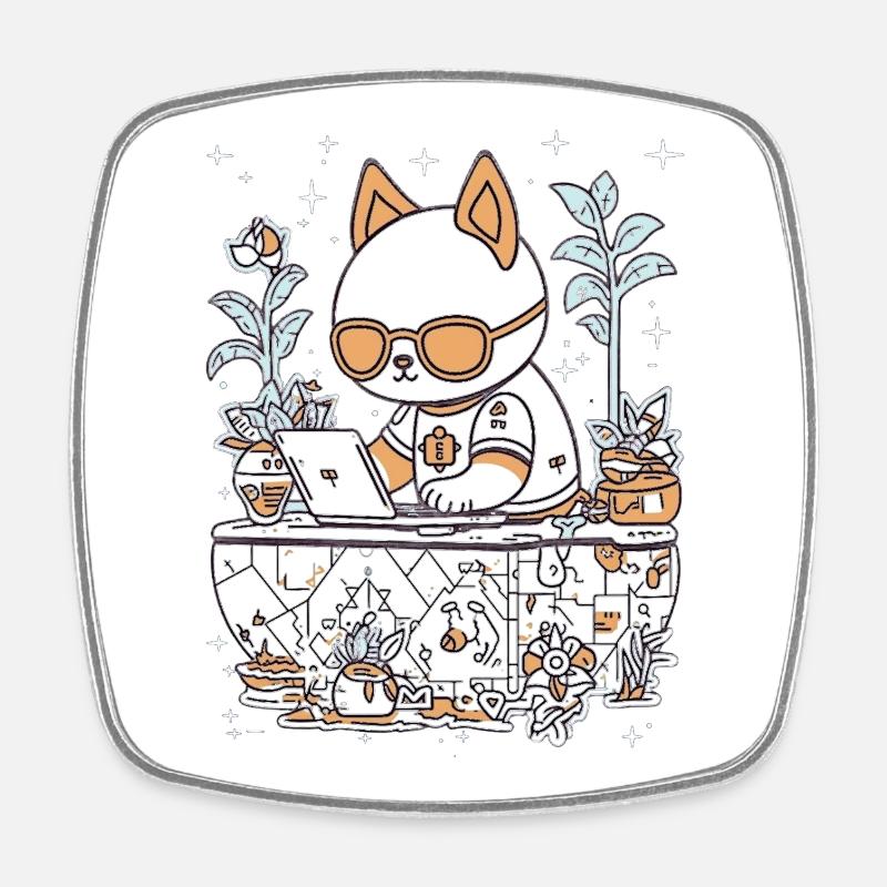 Chat Kawaii à un bureau confortable - Magnet carré - blanc