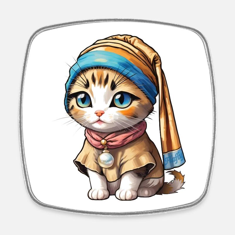 Chaton avec perle - Magnet carré - blanc