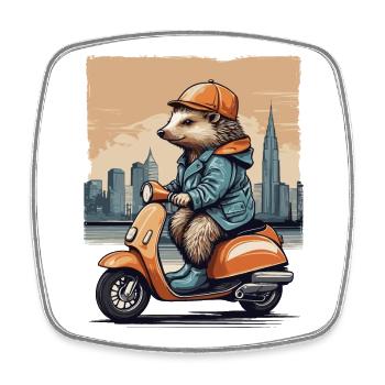 Süßer Igel auf Motorroller - Viereckiger Kühlschrankmagnet - Weiß - Vorne
