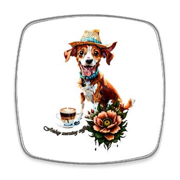 A happy cartoon dog wearing a hat - Square fridge magnet - white - Front
