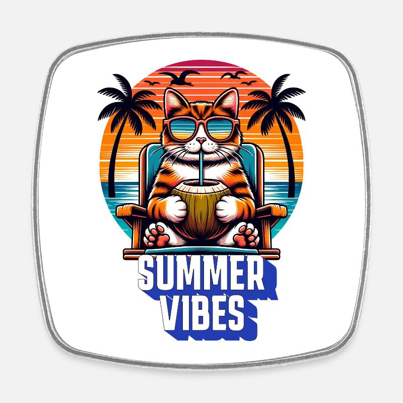 Summer vibes with a cool cat - Square fridge magnet - white