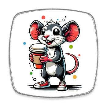 Cartoon einer fröhlichen Maus mit Kaffee - Viereckiger Kühlschrankmagnet - Weiß - Vorne