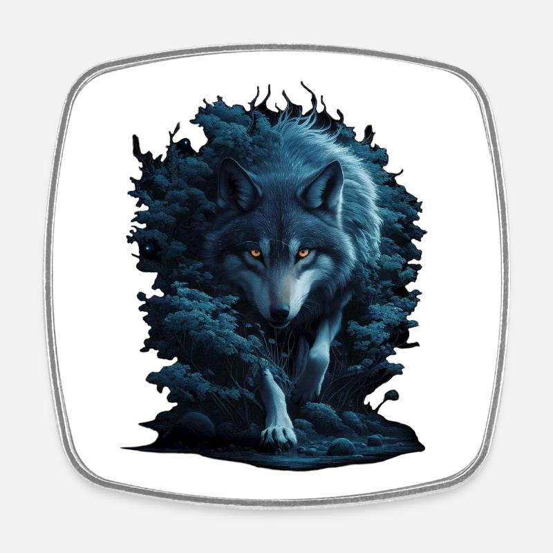 Mystic Wolf in Night Forest - Square fridge magnet - white
