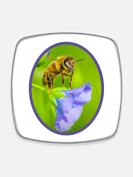 Abeille sur fleur violette - ovale - Magnet carré - blanc