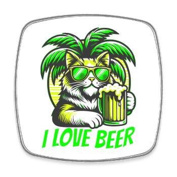 I LOVE BEER Cat under palm trees with beer. - Square fridge magnet - white - Front