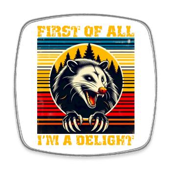 Zunächst einmal bin ich eine Freude, Retro-Opossum - Viereckiger Kühlschrankmagnet - Weiß - Vorne