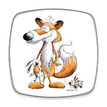 Renard avec lapin jouet et peluche - Magnet carré - blanc - Devant
