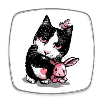 Chat avec lapin en peluche et papillon - Magnet carré - blanc - Devant