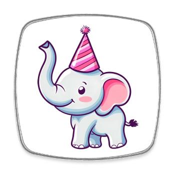Mignon éléphant heureux avec chapeau de fête - Anniversaire - Magnet carré - blanc - Devant